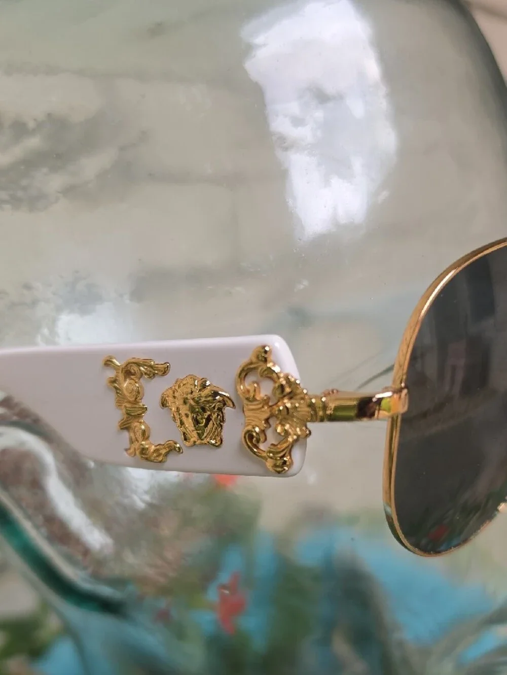 Versace Gold Frame Sunglasses with White Brow and Dark Lenses